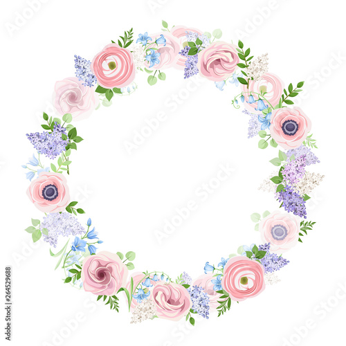 Vector floral wreath with pink, blue and purple flowers.