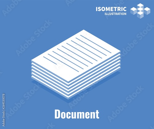 Document icon. Pile of documents, stack of business paper. Vector 3D illustration isolated on blue background.