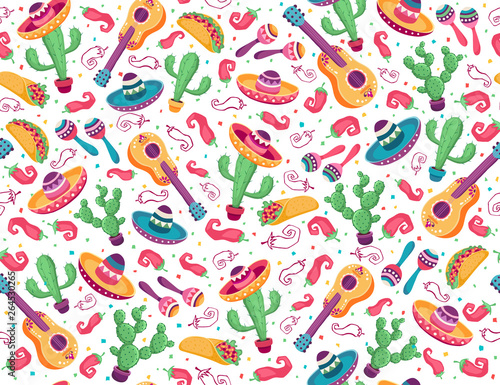 Mexican seamless pattern  with cactus and guitar