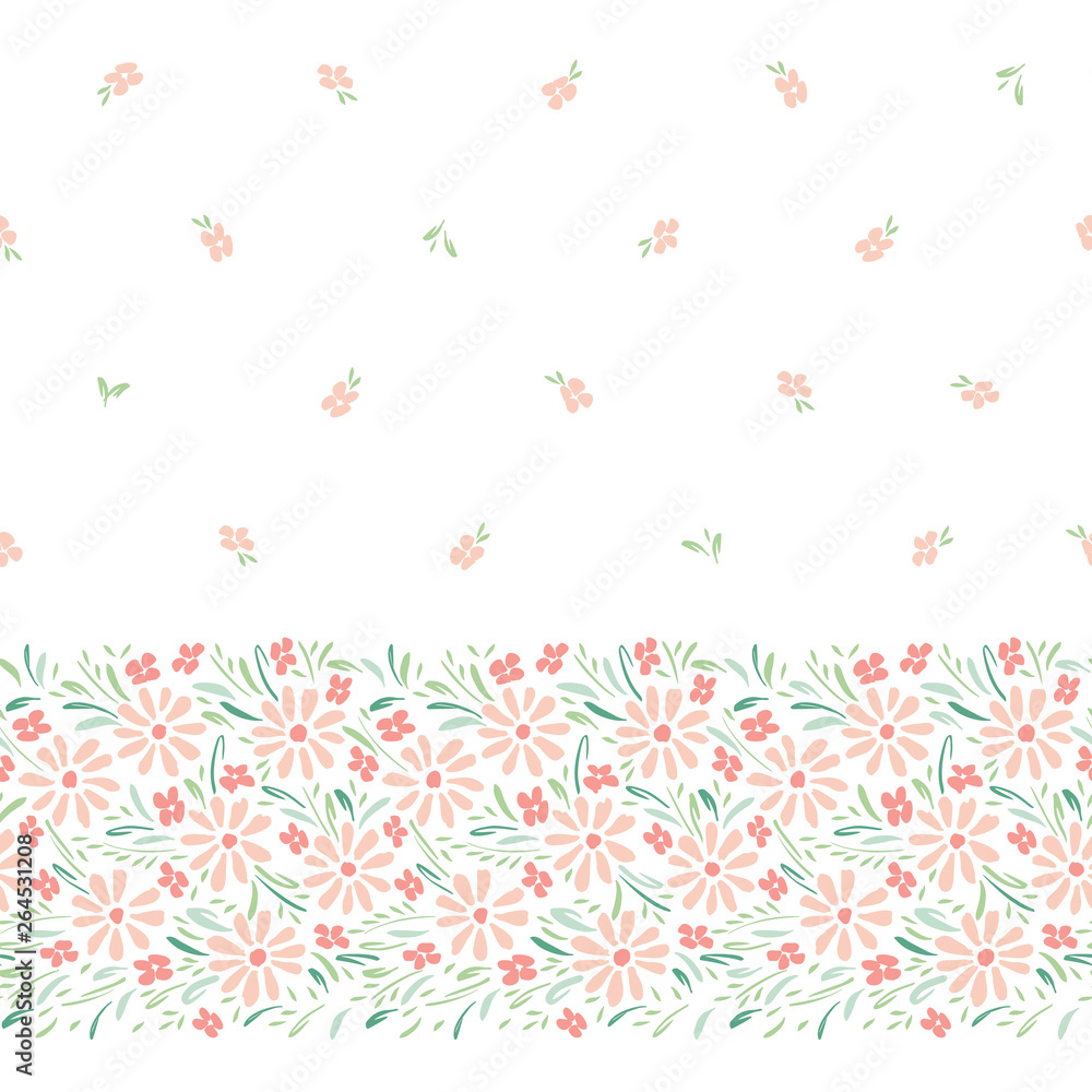 Pastel colored hand-painted daisies on white background horizontal vector seamless border. Delicate floral edge