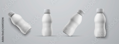 set of mockups small plastic white bottles for kefir, milk, yogurt and other beverages.