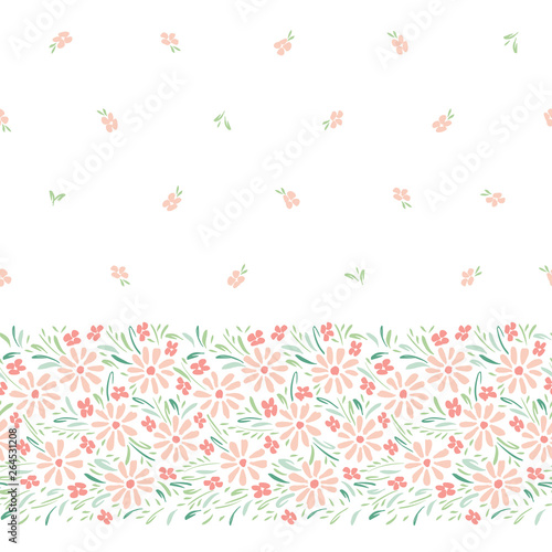 Pastel colored hand-painted daisies on white background horizontal vector seamless border. Delicate floral edge