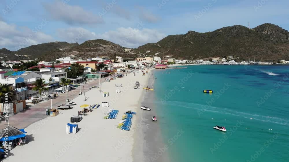 St Martin - Beautiful beach and turquoise water at Philipsburg boardwalk Aerial view of a beautiful beach and turquoise water at Philipsburg Front Street at Caribbean island Saint-Martin St Martin - Beautiful beach and turquoise water at Philipsburg boardwalk Aerial view of a beautiful beach and turquoise water at Philipsburg Front Street at Caribbean island Saint-Martin