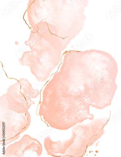 Tender orange nude watercolor elements with golden glitter effect. Wedding Pastel decoration, luxury Gold blush pink Retro Texture in vector. Tender poster, flyer, presentation template