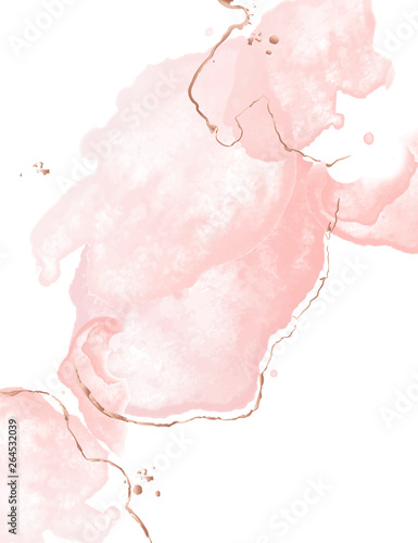 Dynamic fluid pink art with watercolor splashes wnd golden glitter strokes. Glamour wedding decoration. Tender rose gold presentation background