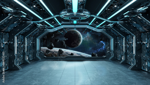 Fototapeta Naklejka Na Ścianę i Meble -  Dark blue spaceship futuristic interior with window view on space and planets 3d rendering