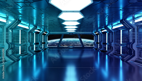 Fototapeta Naklejka Na Ścianę i Meble -  Dark blue spaceship futuristic interior with window view on planet Earth 3d rendering