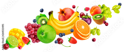 Falling fruit salad isolated on white background with clipping path, flying fruits and berries collection