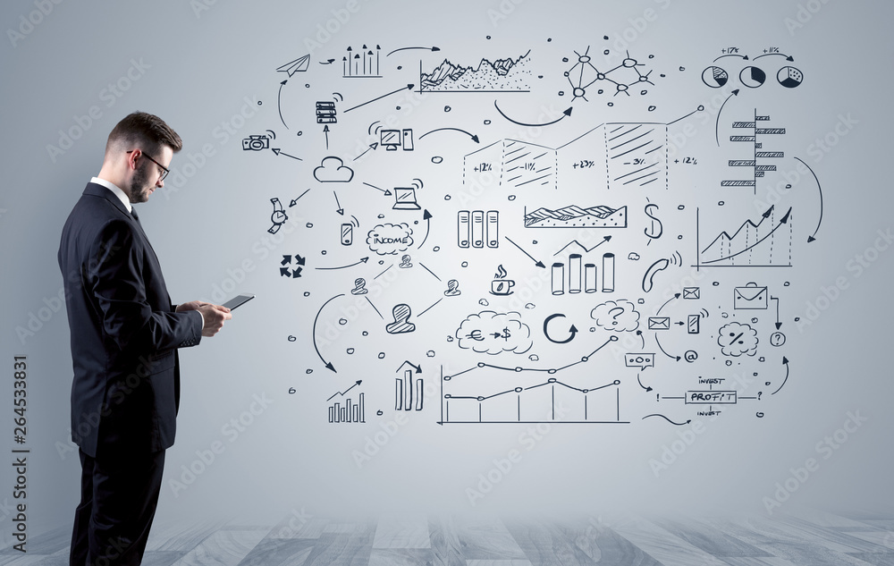 Manager staying and presenting office affairs for someone with graphs, icons reports around
Manager staying and presenting office affairs for someone with graphs, icons reports around