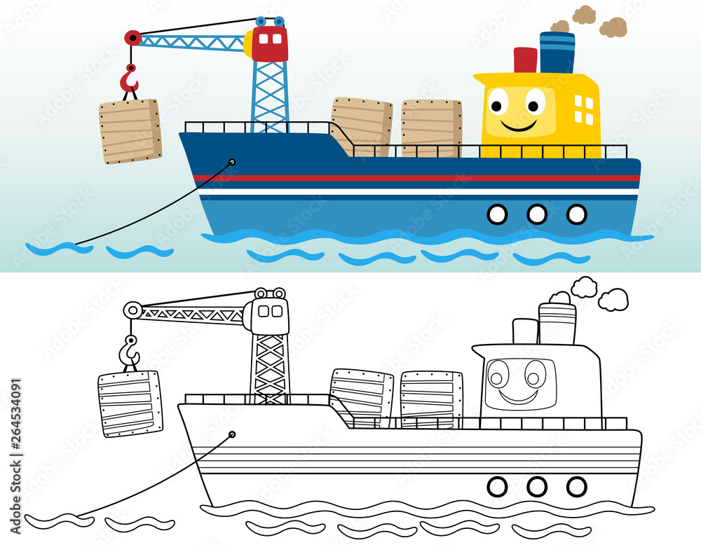 Obraz premium coloring book or page with funny cargo ship cartoon in the port