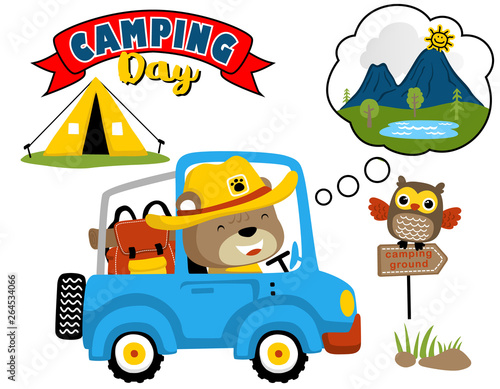 funny scout cartoon, driving car go to camping ground