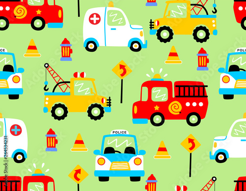 seamless pattern vector with rescue vehicles cartoon