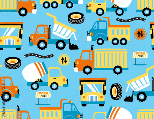 seamless pattern vector of trucks cartoon with traffic signs