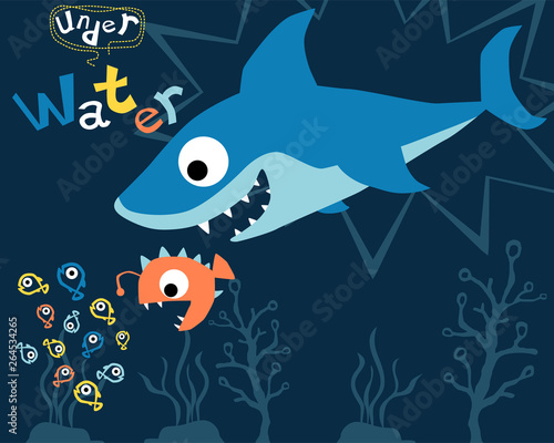 Cartoon of shark hunting little fishes