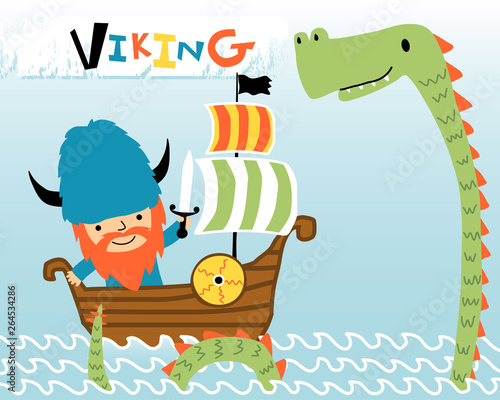 Cartoon of viking on sailboat with sea monster