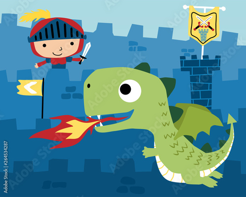 Funny dragon cartoon with little knight in castle