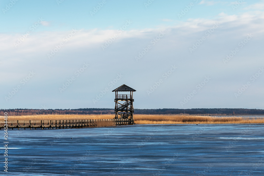 Bird observation tower in winter.