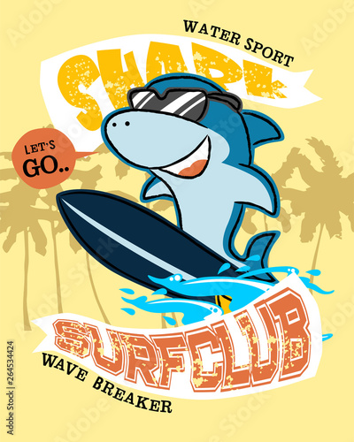 Shark cartoon on surfboard