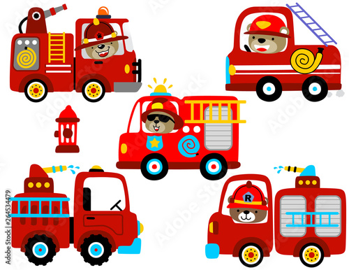 vector set of fire engine cartoon with funny driver