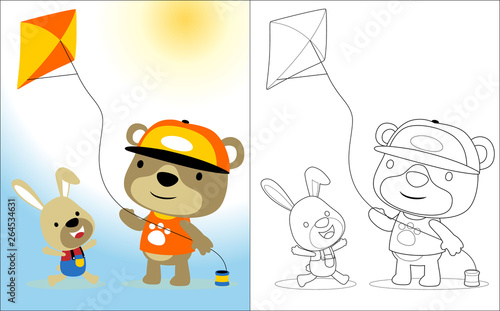 Playing kite with cute animals cartoon, coloring book or page