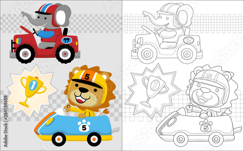 Vector cartoon of elephant and lion in a car racing, coloring book or page