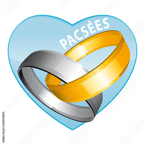 Pacsées. PACS. Pacte de solidarité civile. Coeur bleu alliances or et argent femmes.