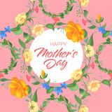 Mother s day greeting card with blossom flowers. Beautiful seamless design with typography. Garden plants with leaves.