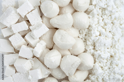 Fresh tastya Cheese background - Feta, Mozzarella, Cottage photo