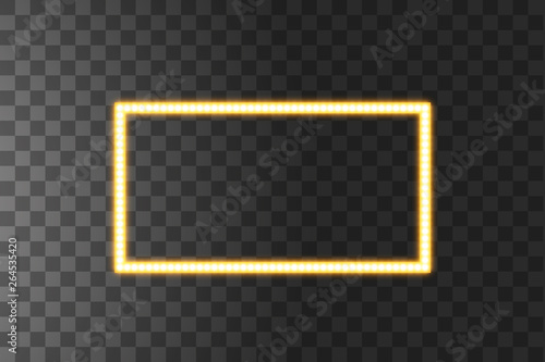 Shining yellow led vector rectangle frames, neon illumination on transparent background. Glowing decorative rectangle tapes of diode ecological lamps light effect for banners, web-sites