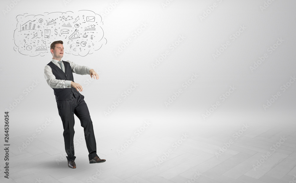 Sleeping sickness young businessman with questions, staffs in his head Sleeping sickness young businessman with questions, staffs in his head
