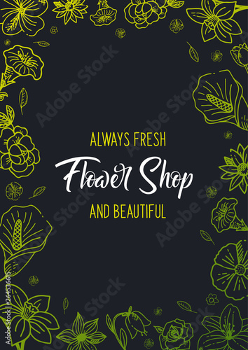 Sketches of flowers on a dark background. Floral banner. Vector illustration.