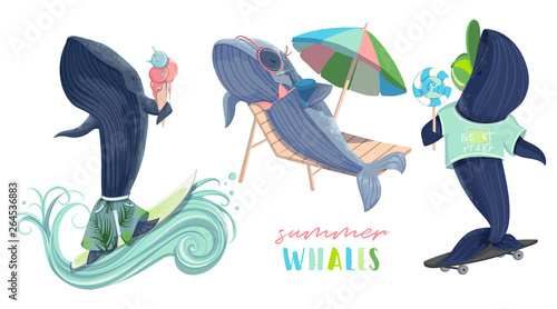 Whales on vacation. Cute sea animals characters spend summer holidays. Surfing, eating ice cream and sweets, tanning, riding a skateboard. Isolated objects on white background. Vector illustration