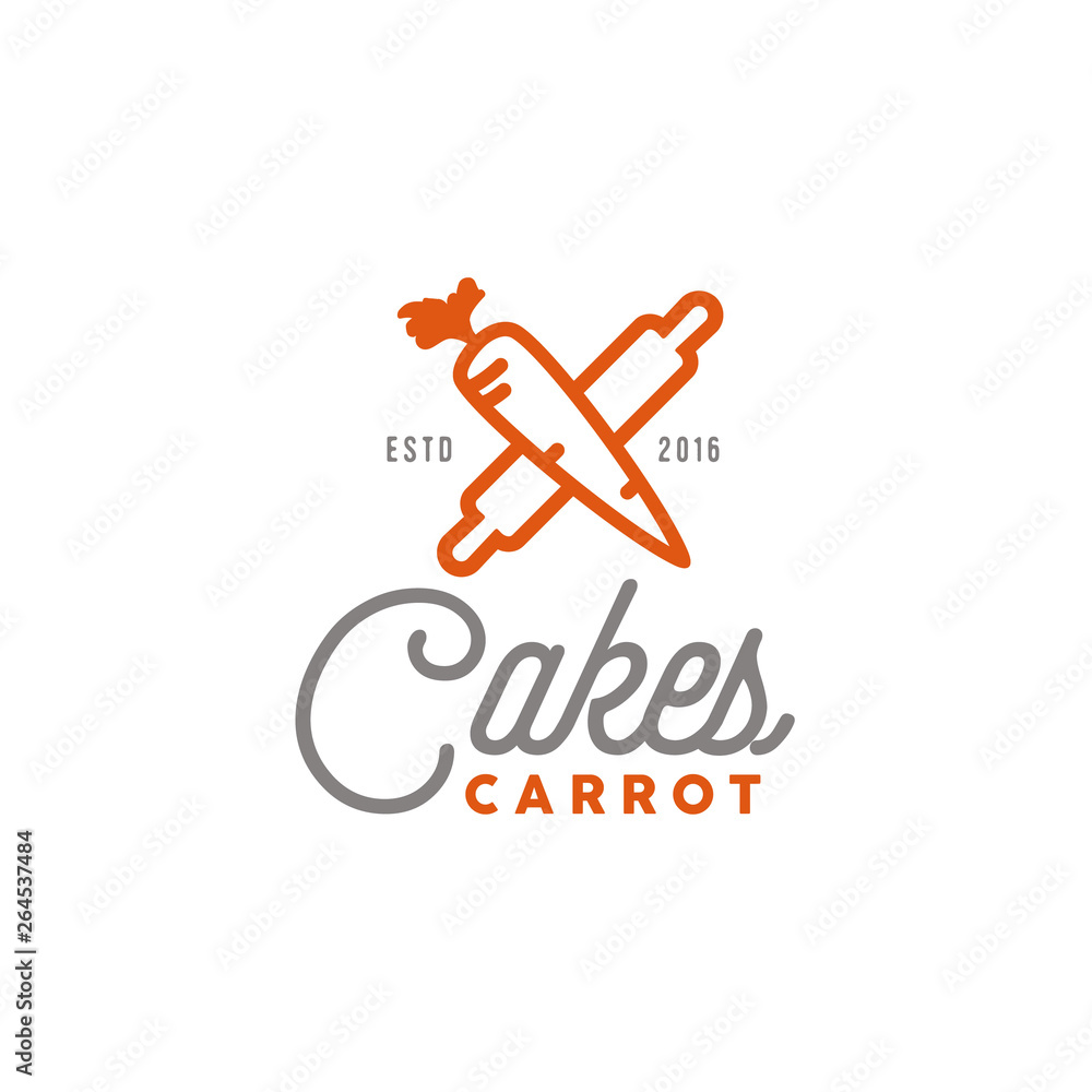 Simple Carrot with Rolling Pin or Dough Roller for Vegan Cakes Bakery logo design Simple Carrot with Rolling Pin or Dough Roller for Vegan Cakes Bakery logo design