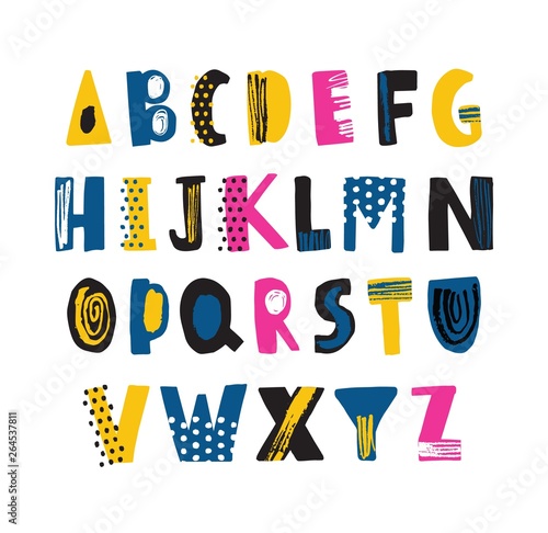 Cute childish latin font or funky english alphabet decorated with dots and scribble