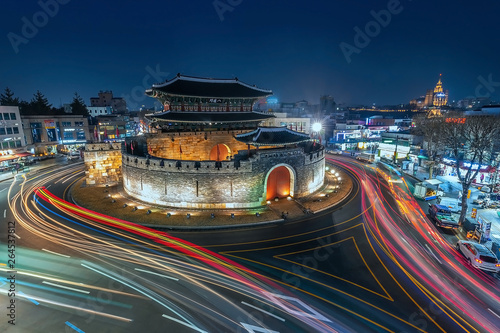 SUWON, SOUTH KOREA - 03 March 2019:  The entrance to the Janganmun Gate at Hwaseong Fort in Suwon, South Korea photo