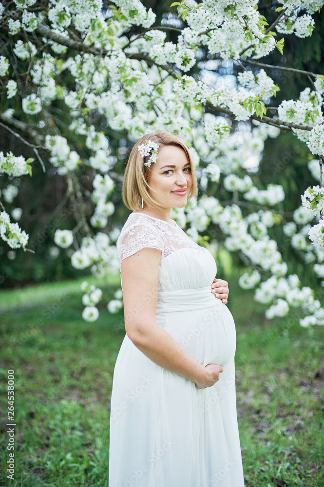 Spring mood, beautiful pregnant woman smell flowering cherry tree, enjoying nature, white floral garden. Spring mood, beautiful pregnant woman smell flowering cherry tree, enjoying nature, white floral garden.
