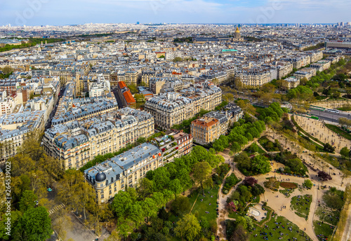 Aerial view of Paris city from Eiffel Tower. France. April 2019