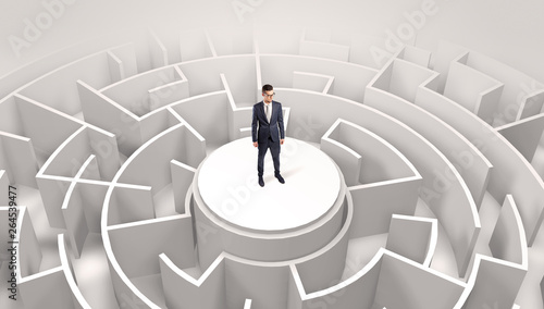 Businessman standing on the top a maze and looking through
