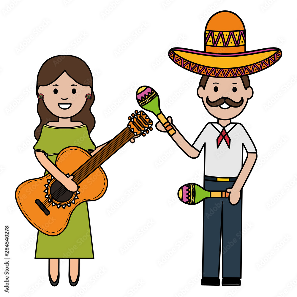 Fotografie mexicans couple with mariachi hat and instruments