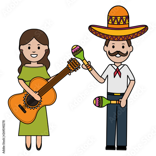 mexicans couple with mariachi hat and instruments