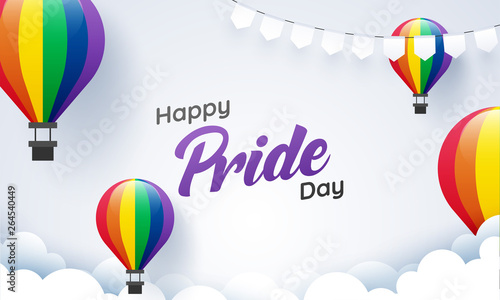Happy Pride Day concept with rainbow color hot air balloons for LGBTQ community.