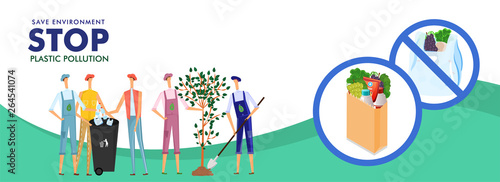 Men character with recycle bin for Save Environment Stop Plastic Pollution concept. Header or banner design.