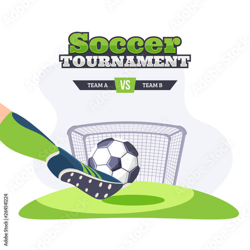 Player kicking the soccer ball with competitive team A, B for Soccer Tournament poster or template design.