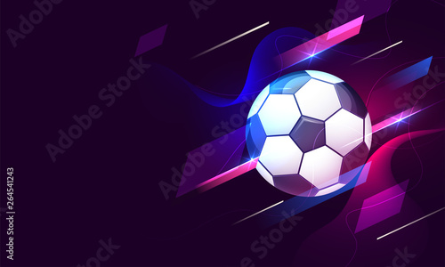 Illustration of soccer ball on purple abstract background for Soccer Tournament banner or poster design.