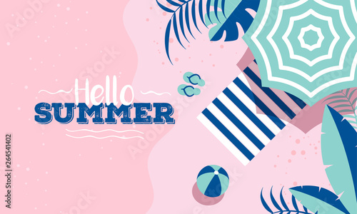 Hello Summer celebration banner or poster design with top view of beach elements on pink background.