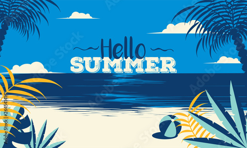 Hello Summer background with beautiful beach view. Can be used as banner or poster design.
