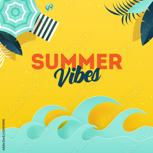 Summer Vibes background with illustration of umbrella, sunbed and paper cut waves.