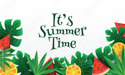 Summertime banner or poster design decorated with lemon, watermelon slice illustration and green leaves on transparent background.