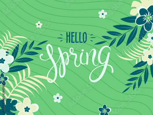 Hello Summer background decorated with beautiful flowers and leaves illustration. Can be used as poster or greeting card design.