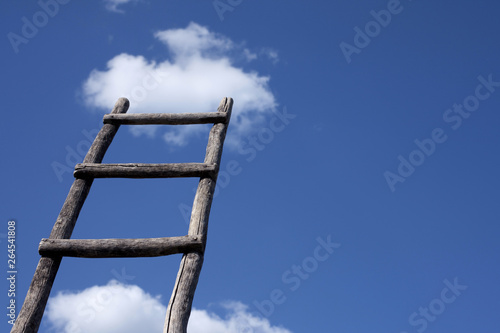 Old wooden ladder leading to a cloud in blue sky